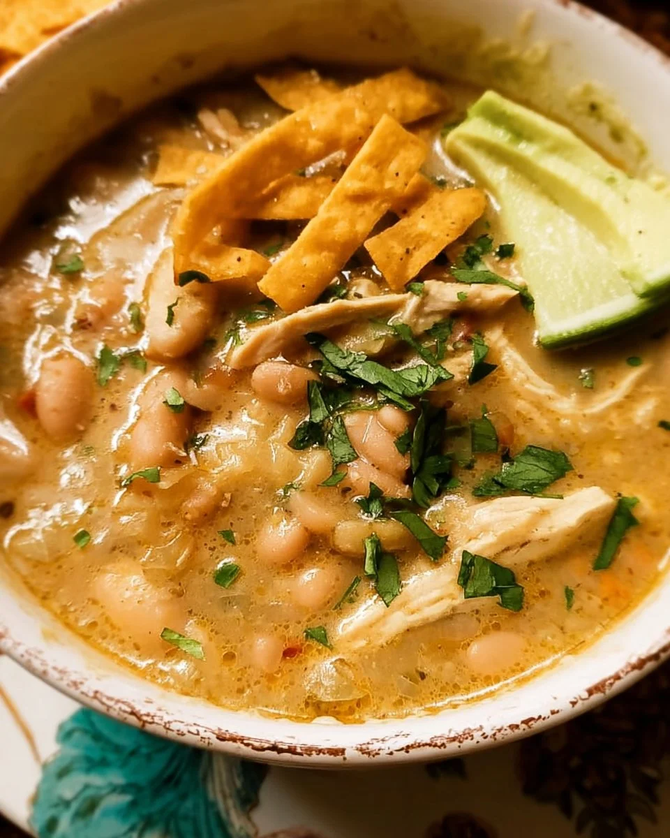 Bowl of Instant Pot white chicken chili garnished with cilantro and lime