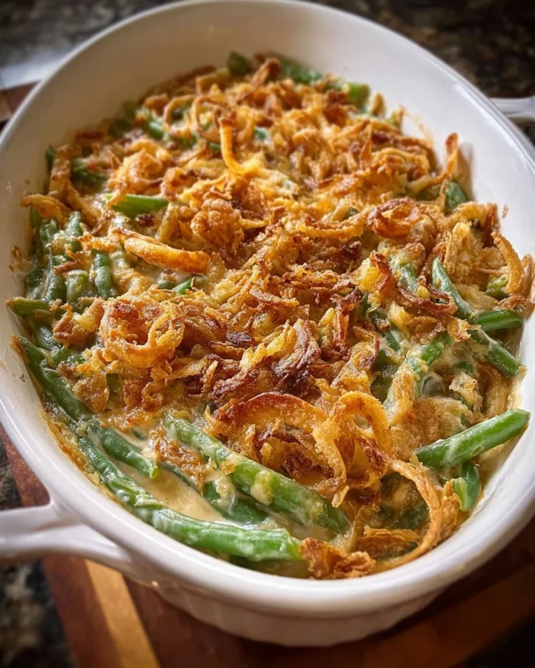Delicious Campbell's Green Bean Casserole recipe topped with crispy onions.
