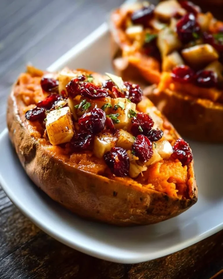 Baked sweet potatoes filled with cranberry apple mixture, perfect for fall