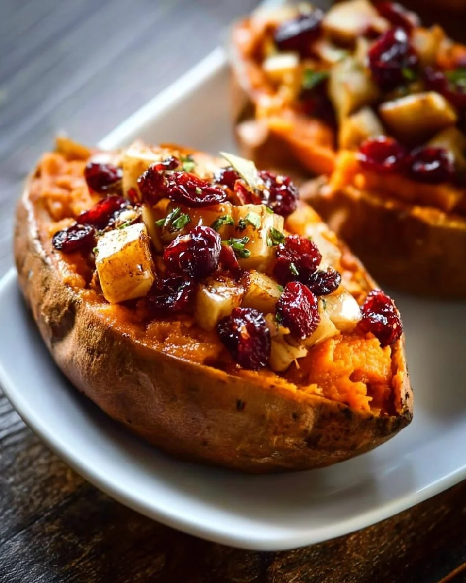 Baked sweet potatoes filled with cranberry apple mixture, perfect for fall