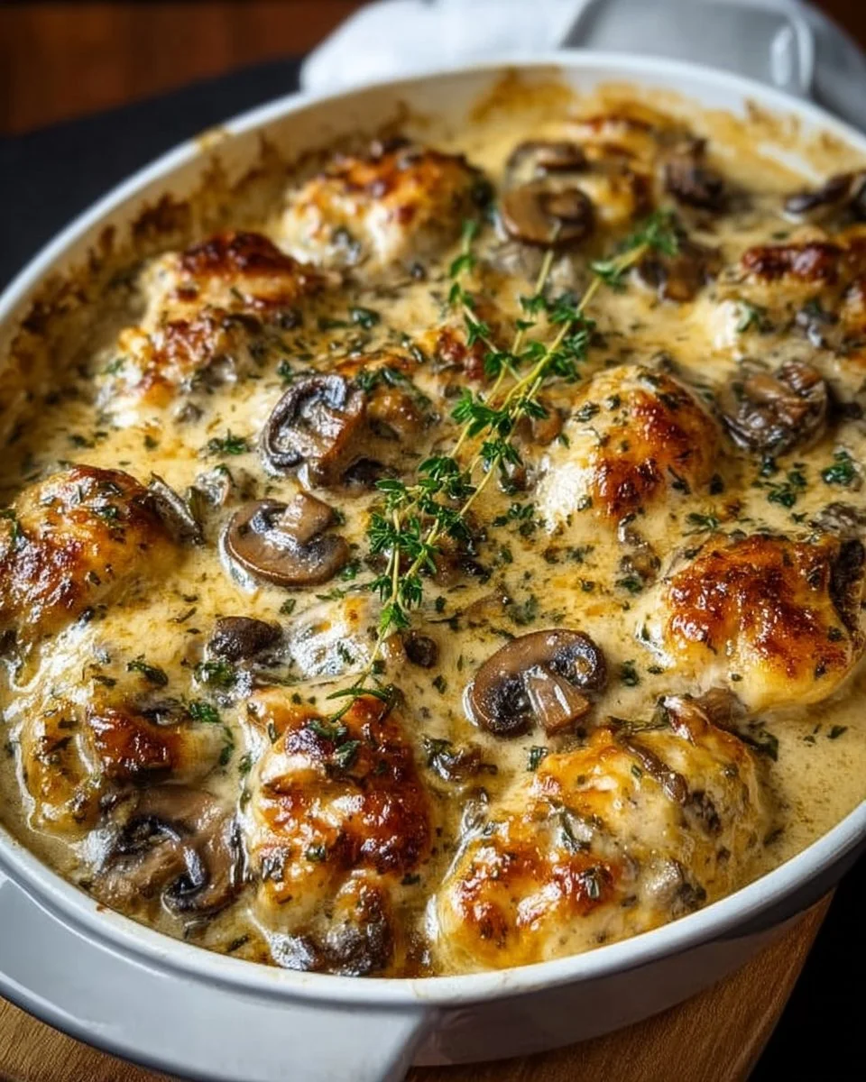 Keto Garlic Mushroom Chicken Casserole served in a dish with fresh herbs