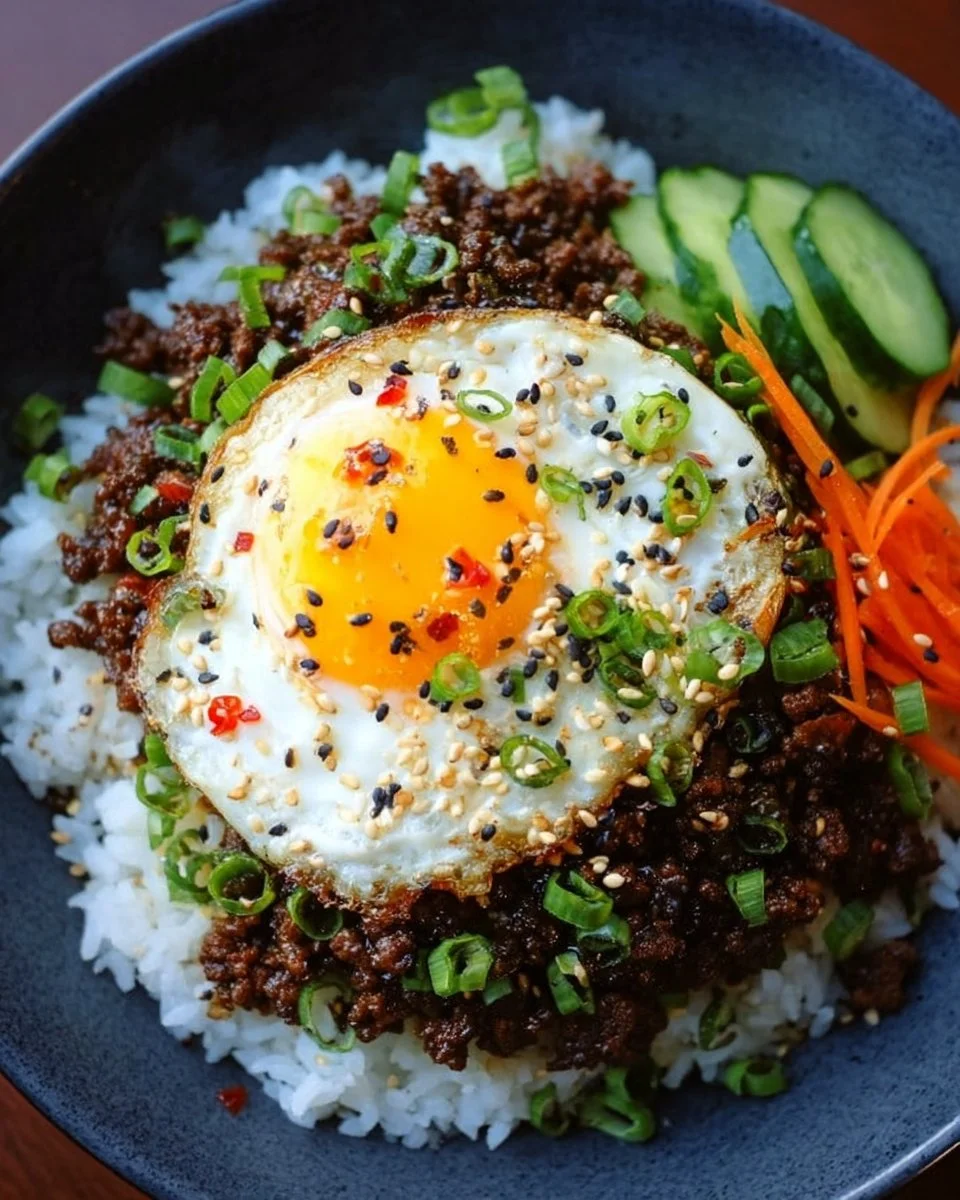 Korean Ground Beef Bowl with vegetables and rice