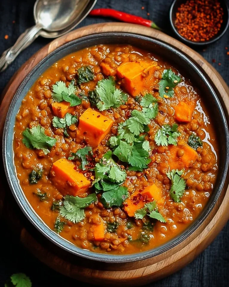 Bowl of Lentil Sweet Potato Curry topped with fresh herbs