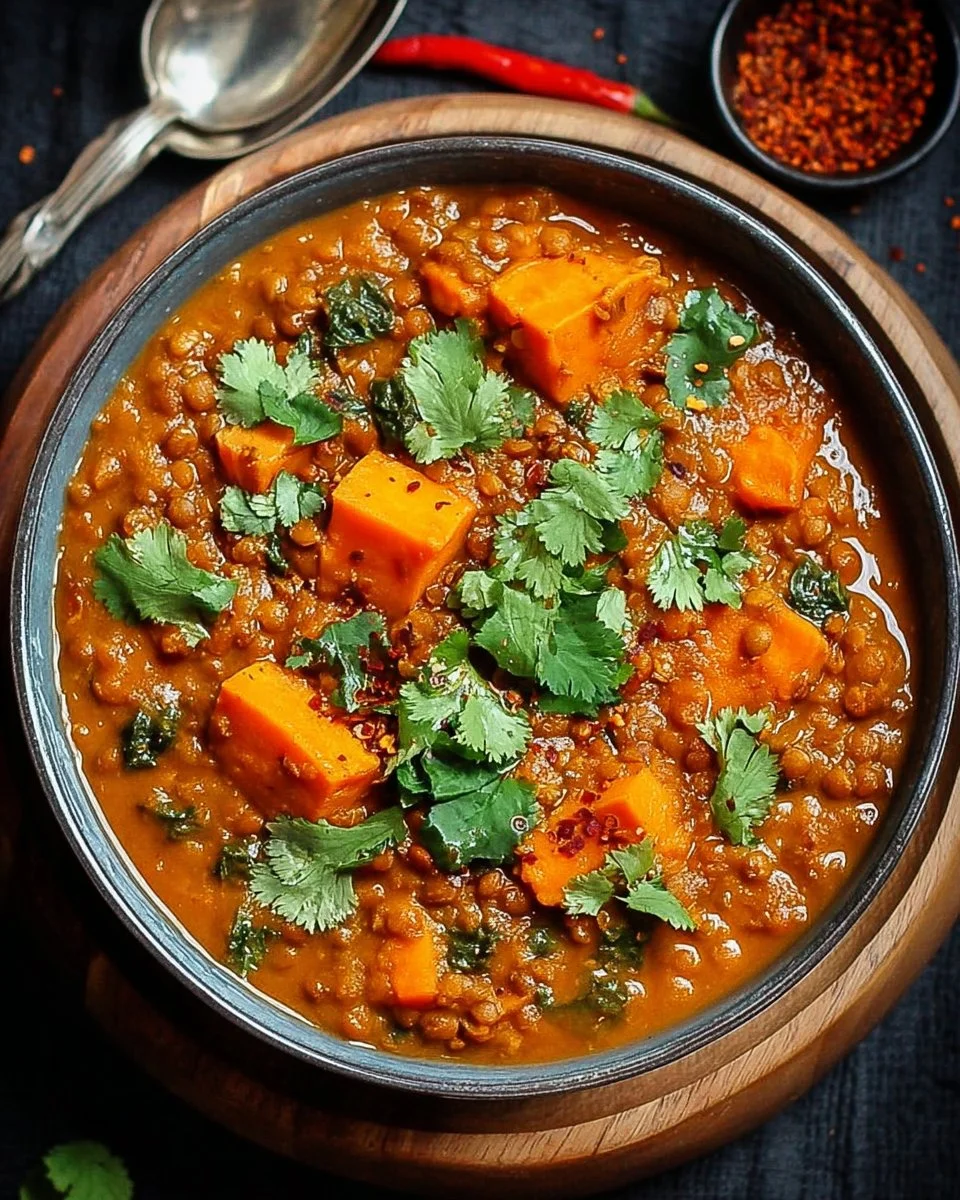 Bowl of Lentil Sweet Potato Curry topped with fresh herbs