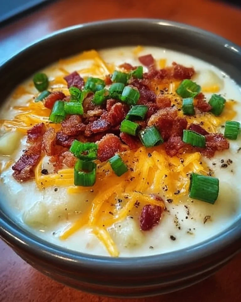 A bowl of creamy Loaded Potato Soup topped with bacon, cheese, and chives.