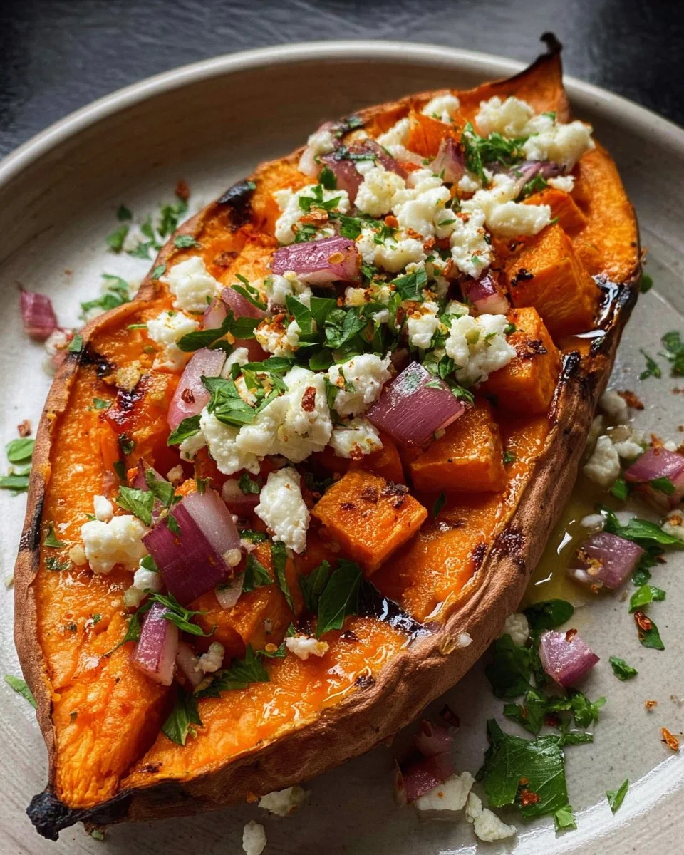 Loaded roasted sweet potato topped with ingredients for a delicious meal