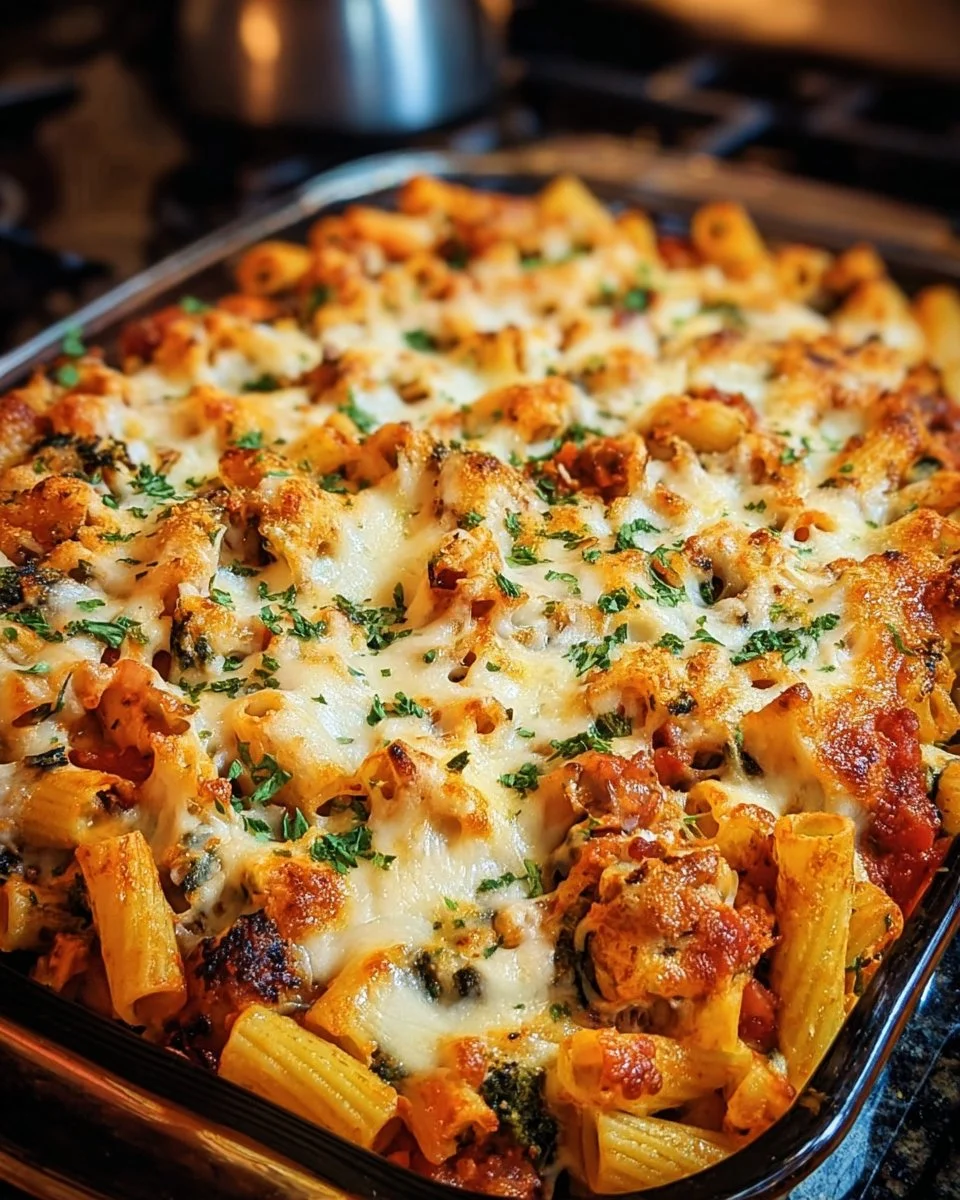 Loaded Veggie Baked Ziti with colorful vegetables and melted cheese in a baking dish.