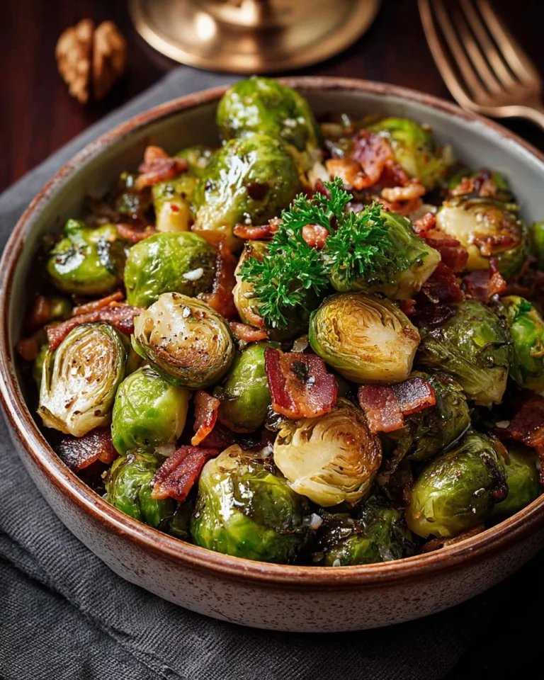 Maple Bourbon Bacon Brussels Sprouts garnished and ready to serve