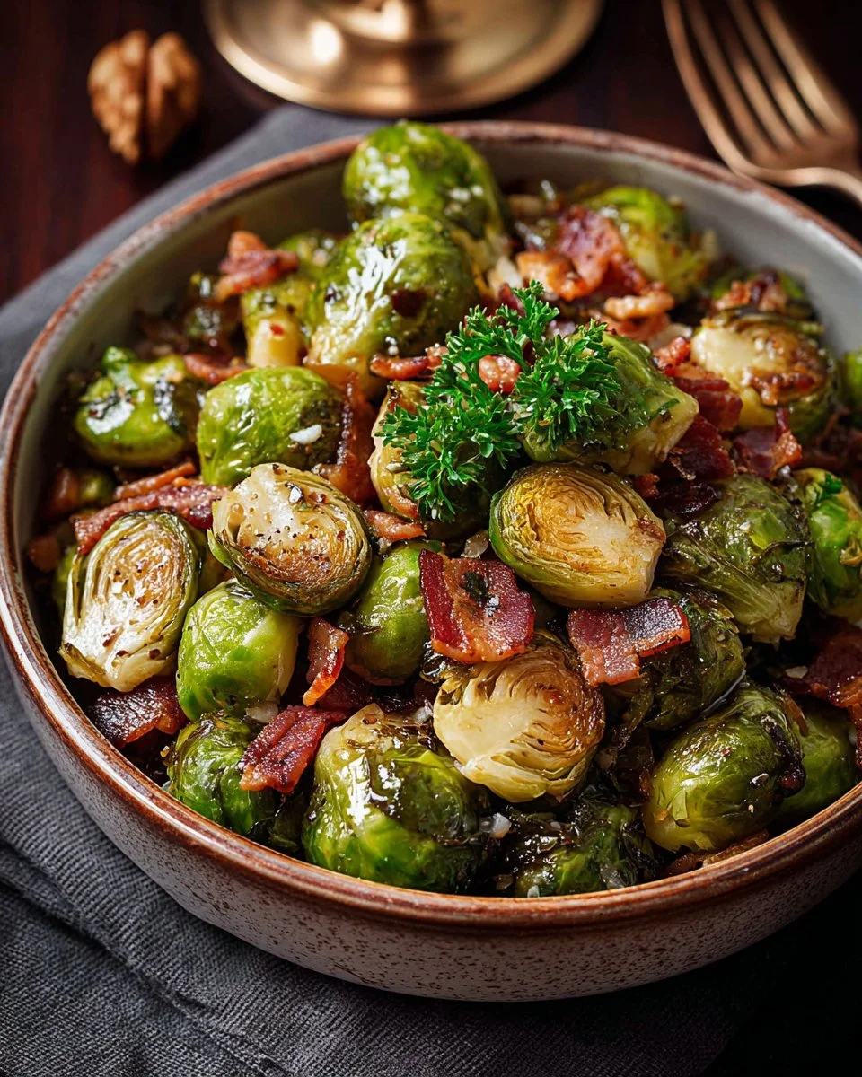 Maple Bourbon Bacon Brussels Sprouts garnished and ready to serve