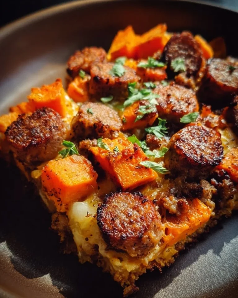 Maple sausage and sweet potato bake dish served for a cozy meal.