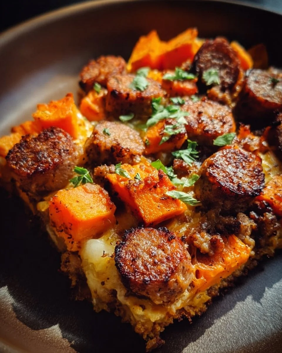 Maple sausage and sweet potato bake dish served for a cozy meal.