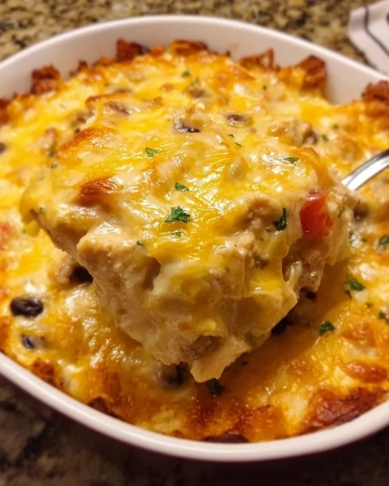 Delicious Mexican Chicken Casserole topped with cheese and fresh ingredients.
