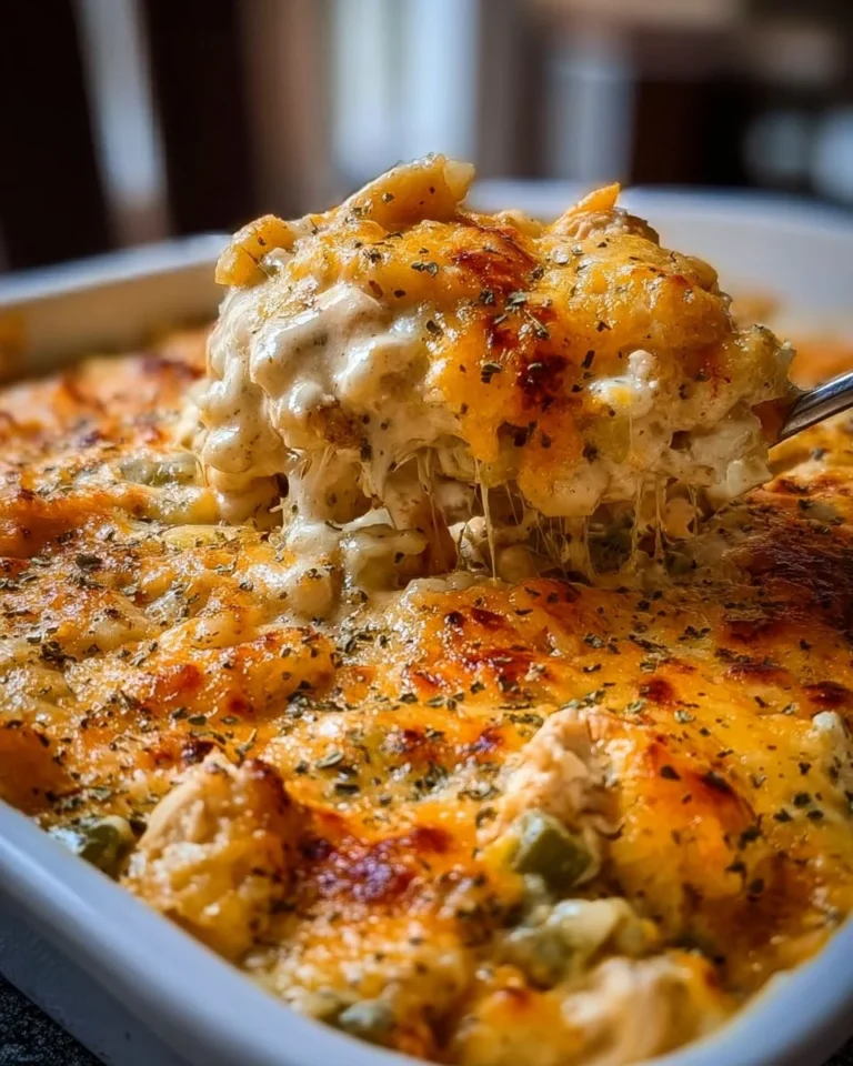 Million Dollar Chicken Casserole topped with crispy breadcrumbs and cheese.