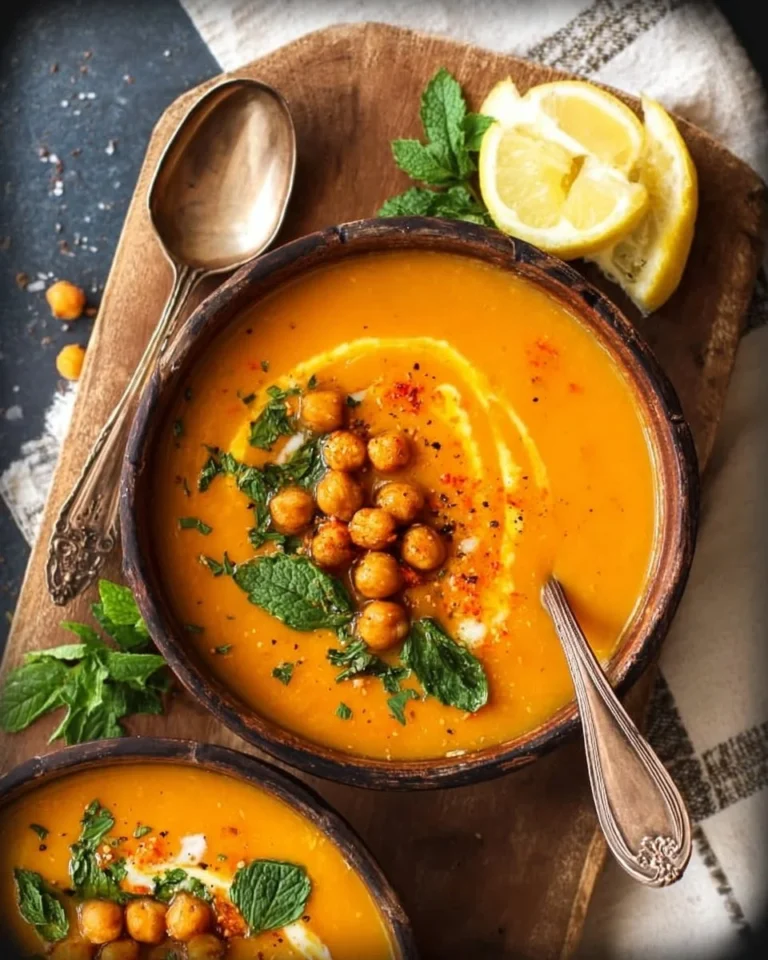Bowl of Moroccan Sweet Potato Chickpea Soup with spices and herbs