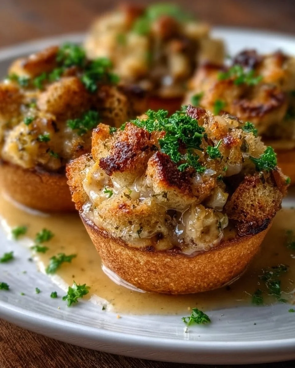 Muffin tin turkey stuffing cups served on a festive table