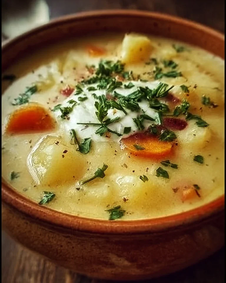 Bowl of Norwegian Potato Soup garnished with herbs and served warm.
