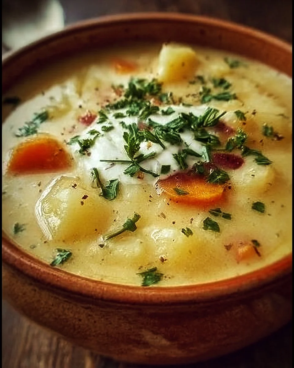 Bowl of Norwegian Potato Soup garnished with herbs and served warm.