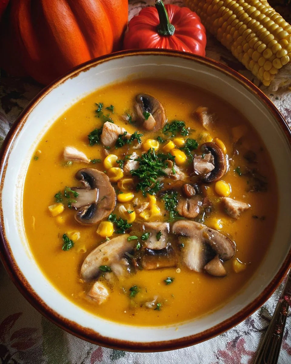 Bowl of nourishing fall pumpkin soup garnished with herbs