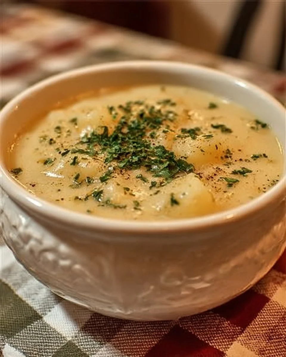 Bowl of Old Charlie's creamy potato soup topped with fresh herbs.