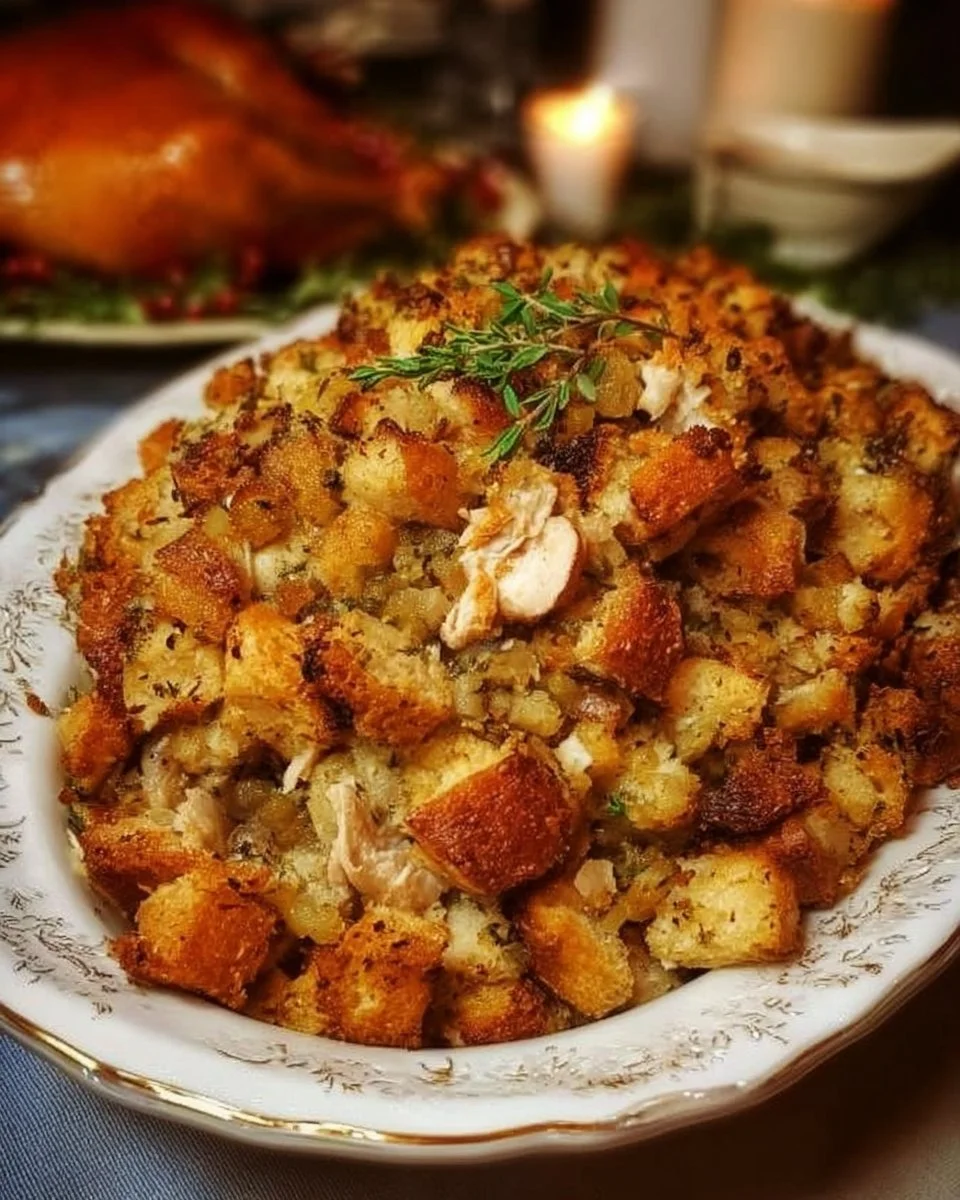 Old-Fashioned Thanksgiving turkey stuffing prepared with traditional ingredients.
