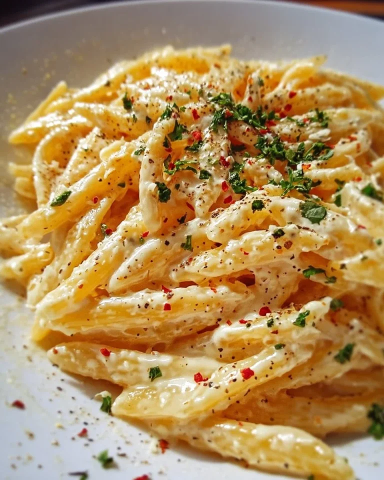 One pot creamy garlic pasta dish with fresh herbs and parmesan cheese
