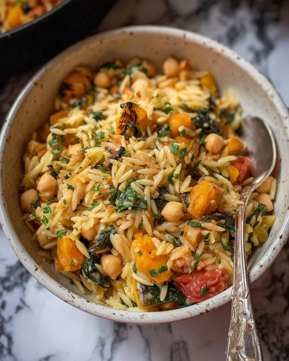 One Pot Fall Vegetable Orzo with Chickpeas in a bowl, showcasing seasonal colors.