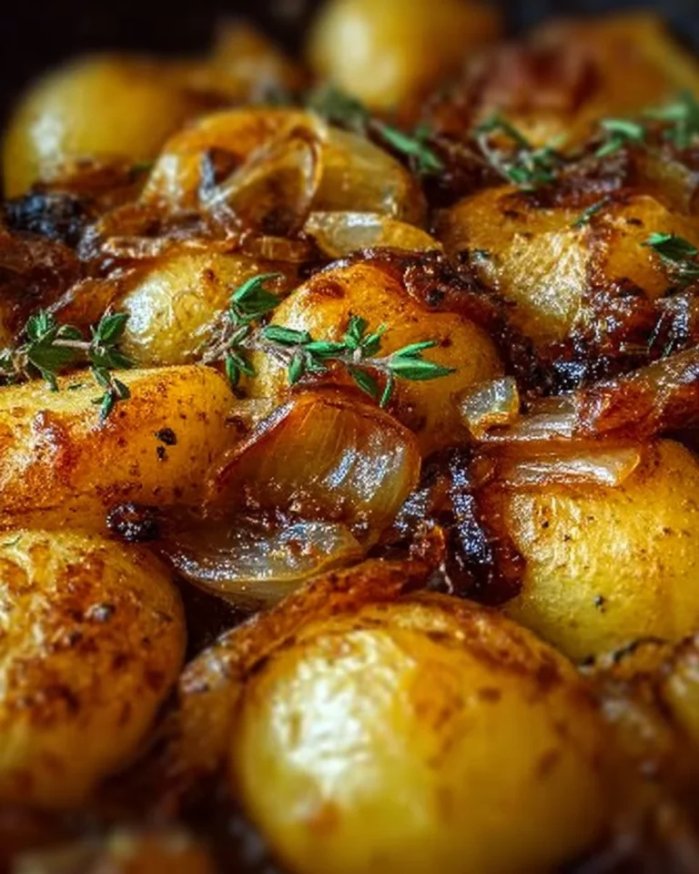 Oven-roasted potatoes with caramelized onions on a serving platter