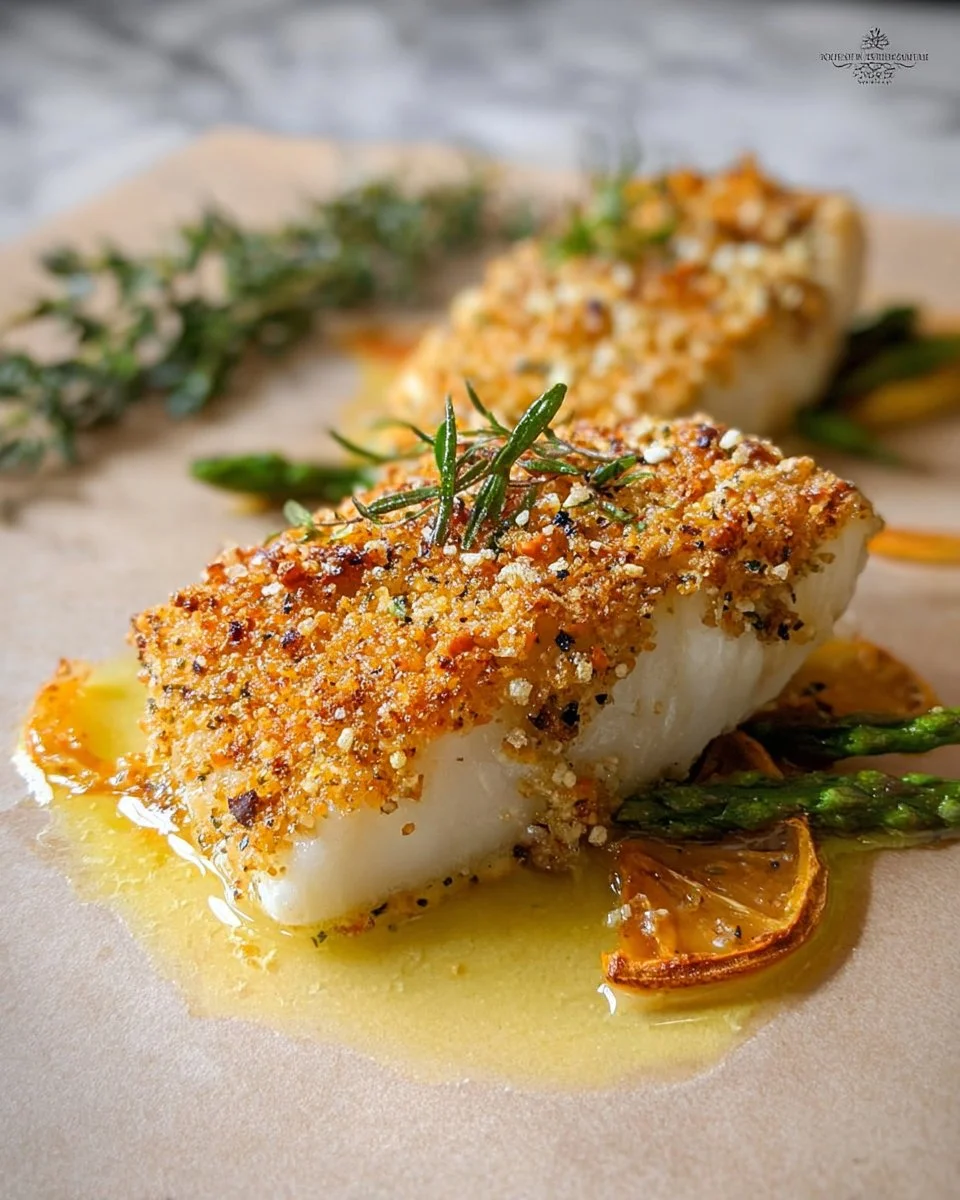 Parmesan-Crusted Sea Bass garnished with herbs on a white plate