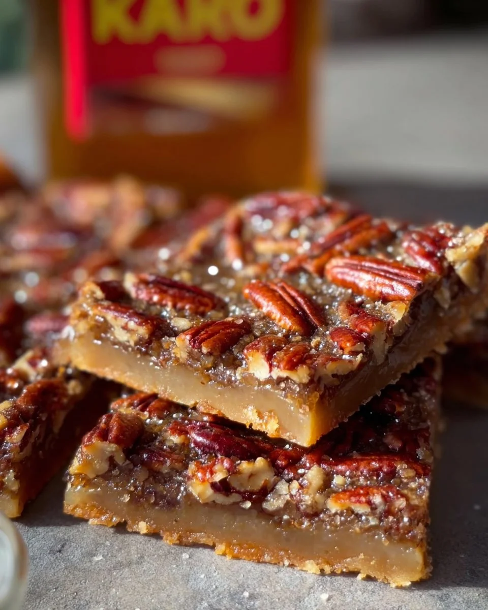 Delicious pecan pie bars served on a plate with a fork, showcasing the rich filling and crust.