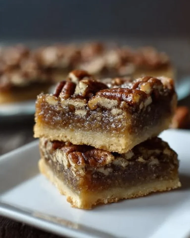 Delicious pecan pie bars with a buttery shortbread crust on a plate