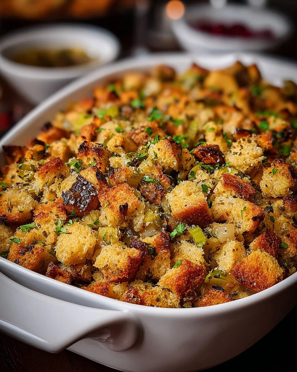 Bowl of perfect homemade stuffing ready for Thanksgiving dinner
