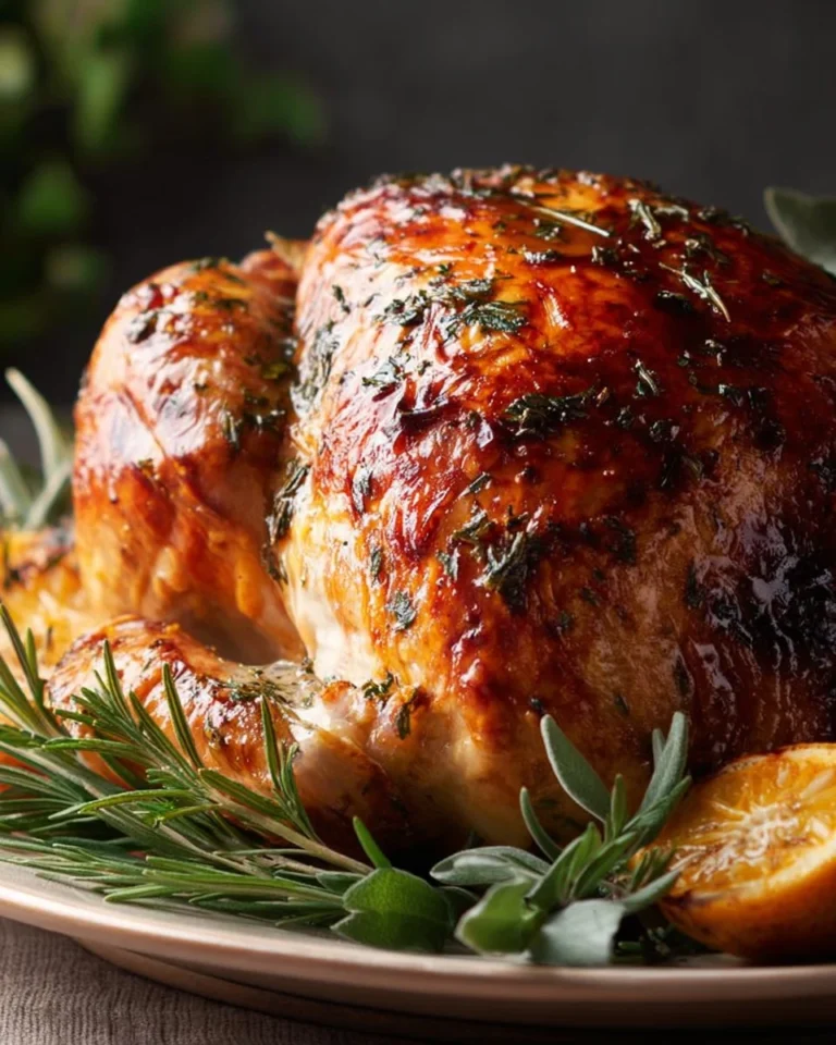 Juicy roast turkey with herb butter under the skin, perfect for holiday feasts.