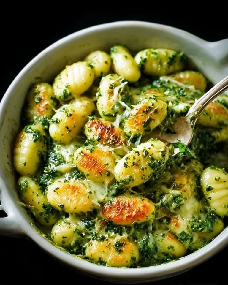 Plate of creamy Pesto Gnocchi garnished with fresh basil and cherry tomatoes
