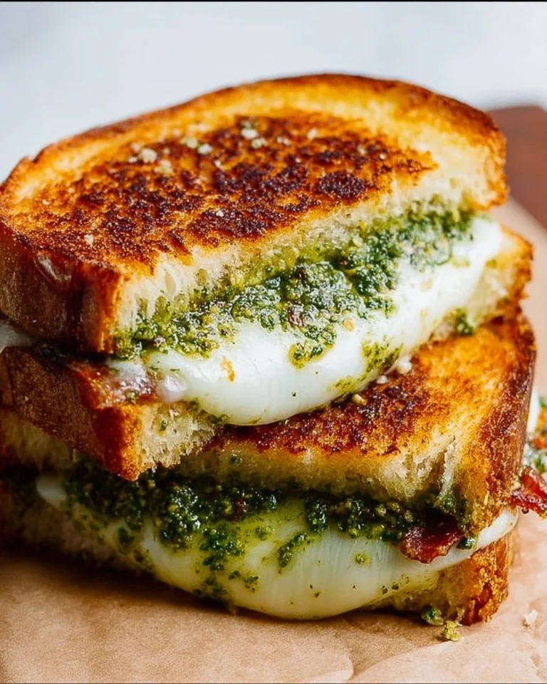 Pesto grilled cheese sandwich with melted cheese and fresh basil pesto