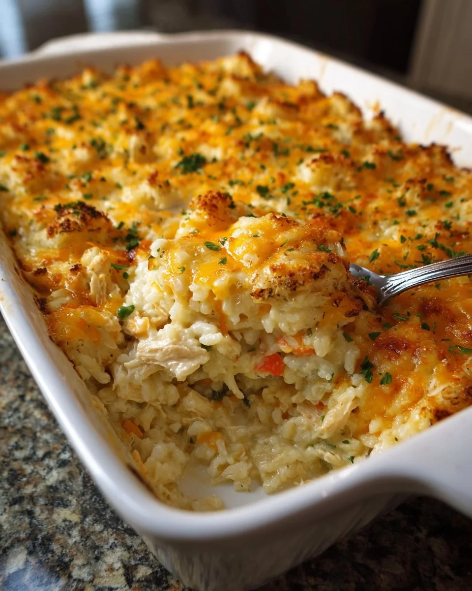 Delicious Pioneer Woman Chicken Rice Casserole served in a baking dish