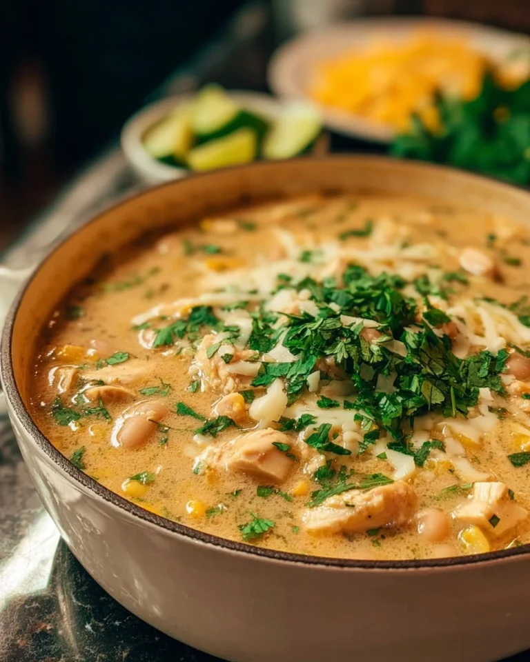 A bowl of Pioneer Woman white chicken chili topped with cilantro and lime.