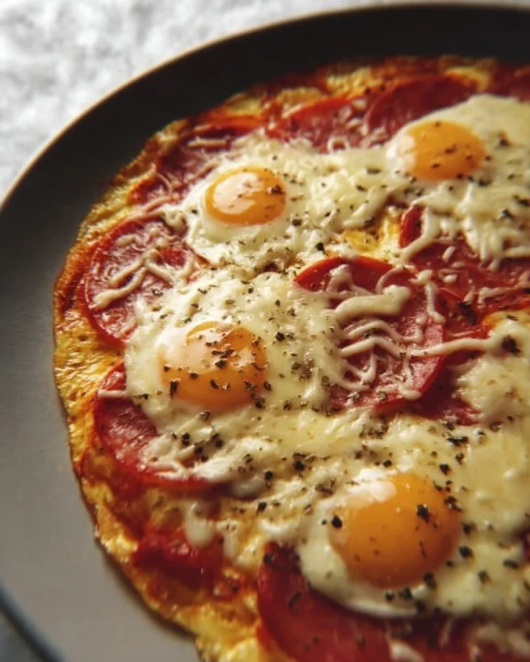 Plate of Pizza Eggs topped with melted cheese and fresh ingredients