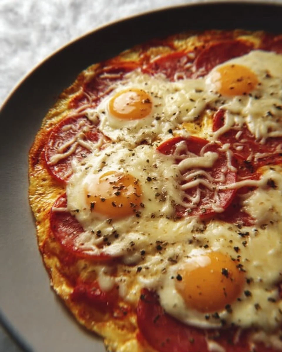 Plate of Pizza Eggs topped with melted cheese and fresh ingredients