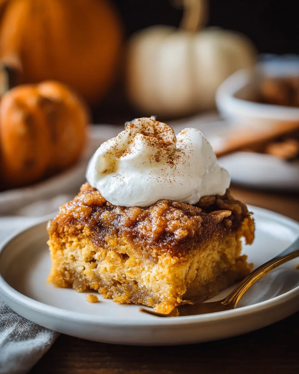 Delicious Pumpkin Dump Cake topped with creamy frosting and spices.