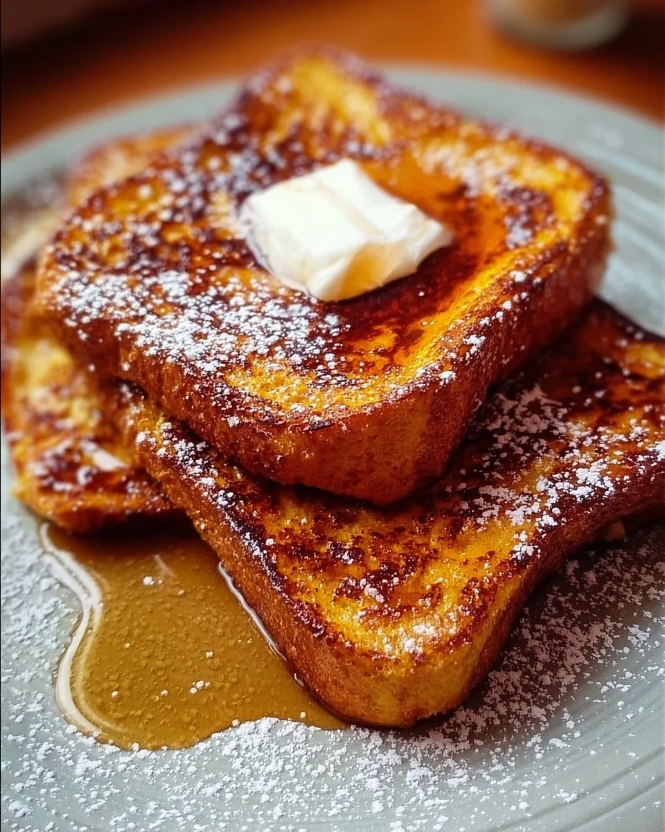 Delicious Pumpkin French Toast topped with maple syrup and spices