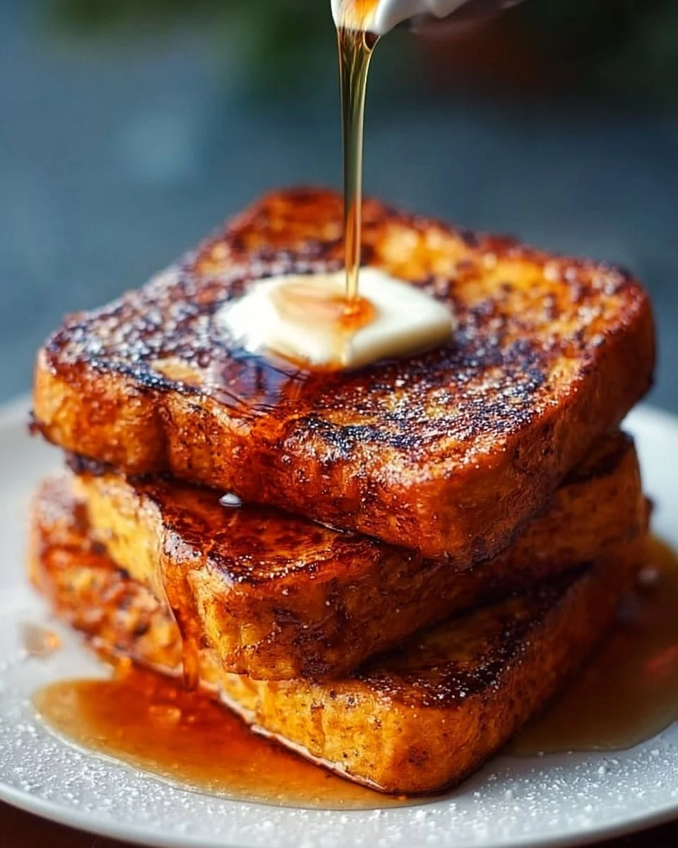 Delicious Pumpkin French Toast topped with maple syrup and whipped cream