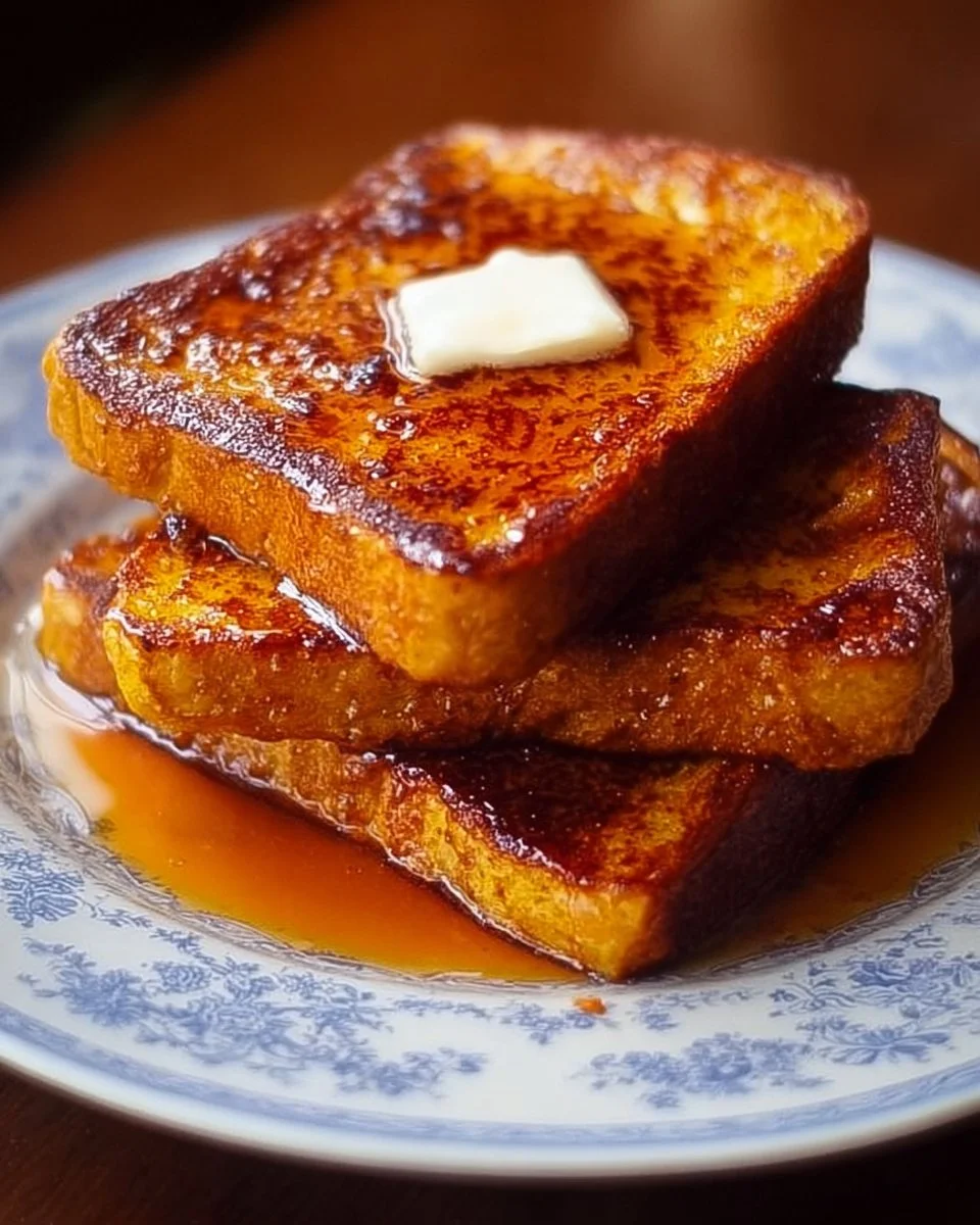 Delicious Pumpkin French Toast topped with maple syrup and spices
