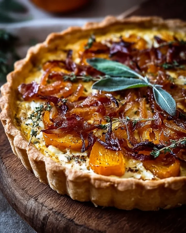 Savory Pumpkin Ricotta and Caramelized Onion Tart on a wooden table