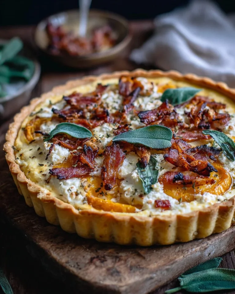 Pumpkin Tart with ricotta, caramelized onion, bacon, and sage garnish.