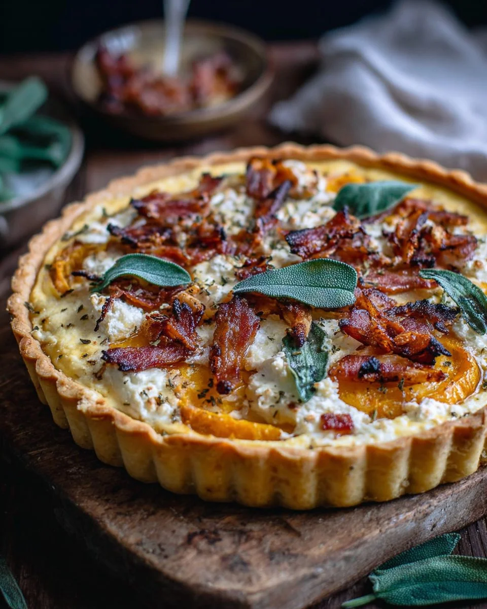 Pumpkin Tart with ricotta, caramelized onion, bacon, and sage garnish.