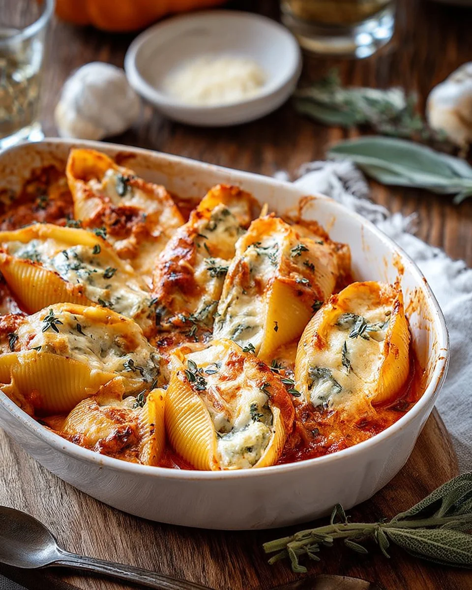 Delicious Pumpkin Ricotta Stuffed Shells topped with herbs and cheese