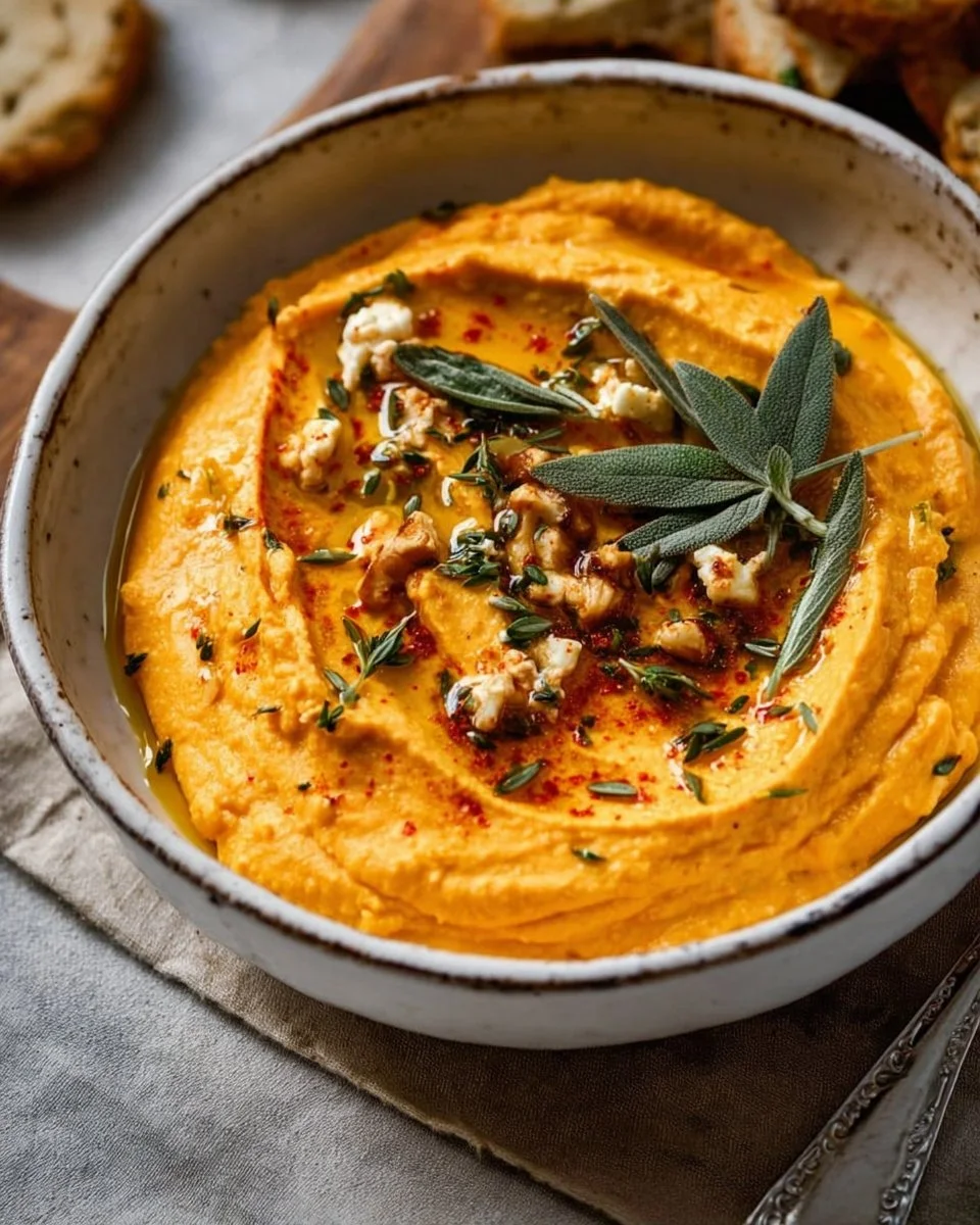 Creamy Pumpkin Whipped Feta Dip served with fresh vegetables and crackers