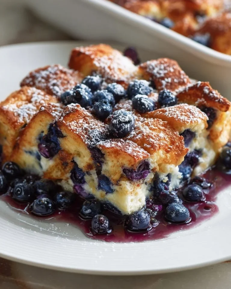 Delicious Blueberry French Toast Casserole baked with fresh blueberries
