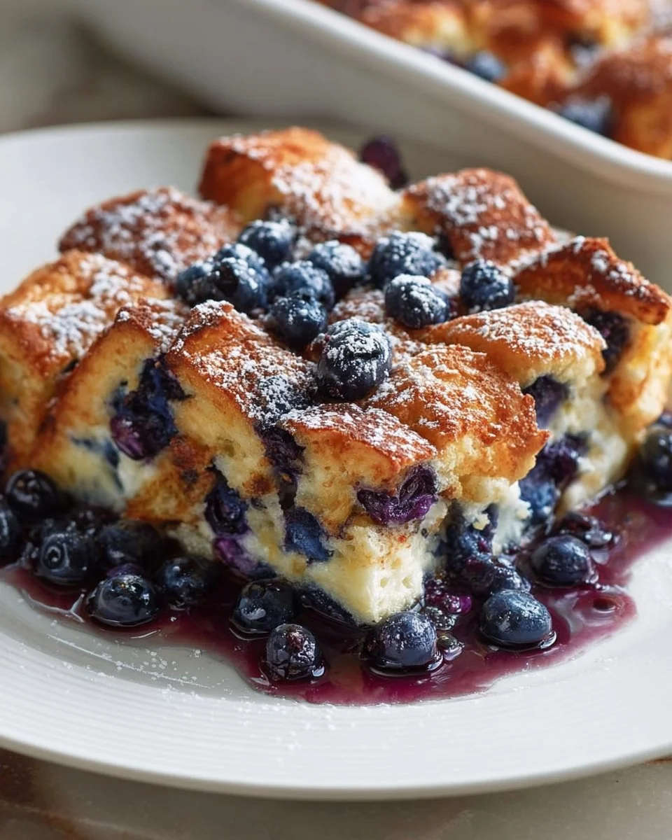 Delicious Blueberry French Toast Casserole baked with fresh blueberries