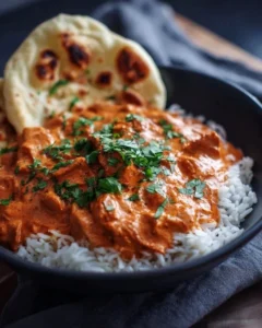 A bowl of homemade butter chicken served with rice and garnished with cilantro